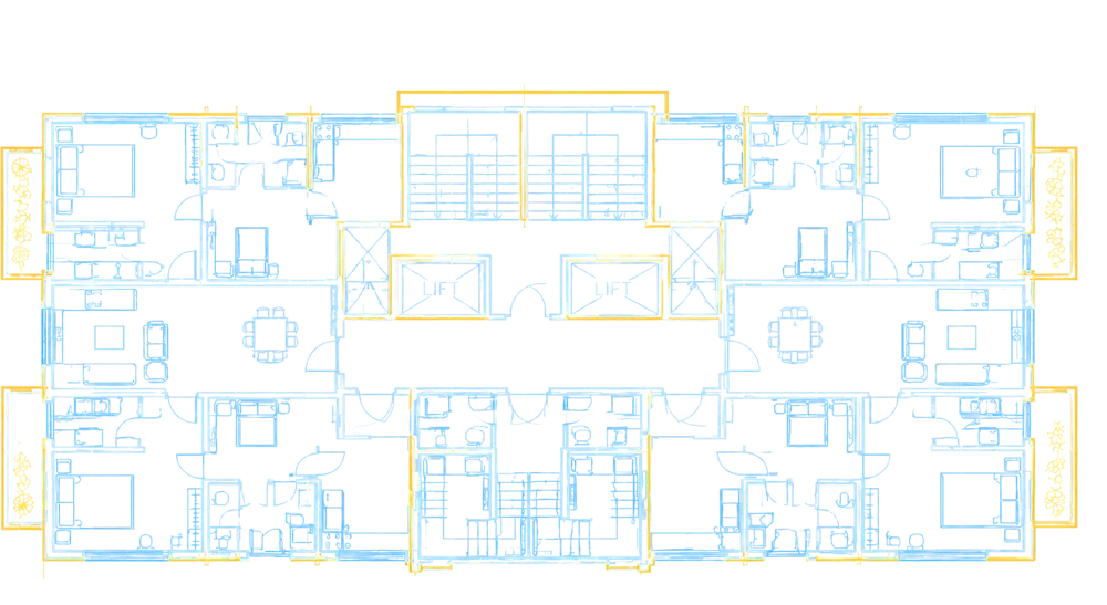 Blueprint floor plan of an apartment building with lifts, stairs and balconies