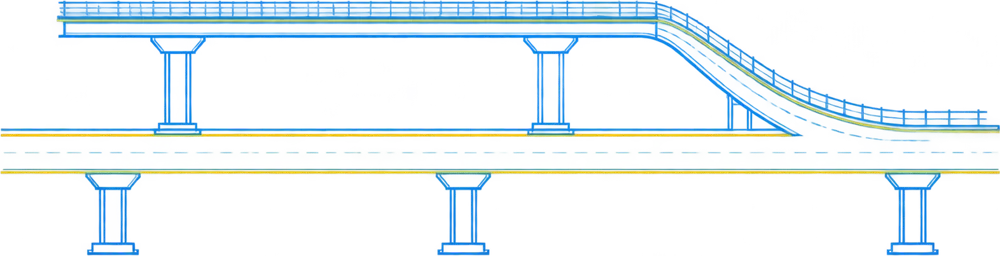 Blueprint of an elevated road with a curved ramp on concrete piers